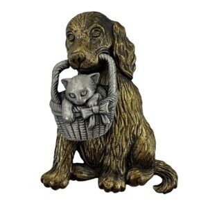 JJ Jonette Jewelry Dog Holding Cat in Basket Pin Brooch Vintage Signed